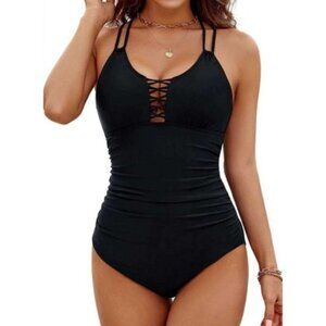 BMJL Womens Black One-Piece Swimsuit Lace-Up Front Cross Back Straps Size Large